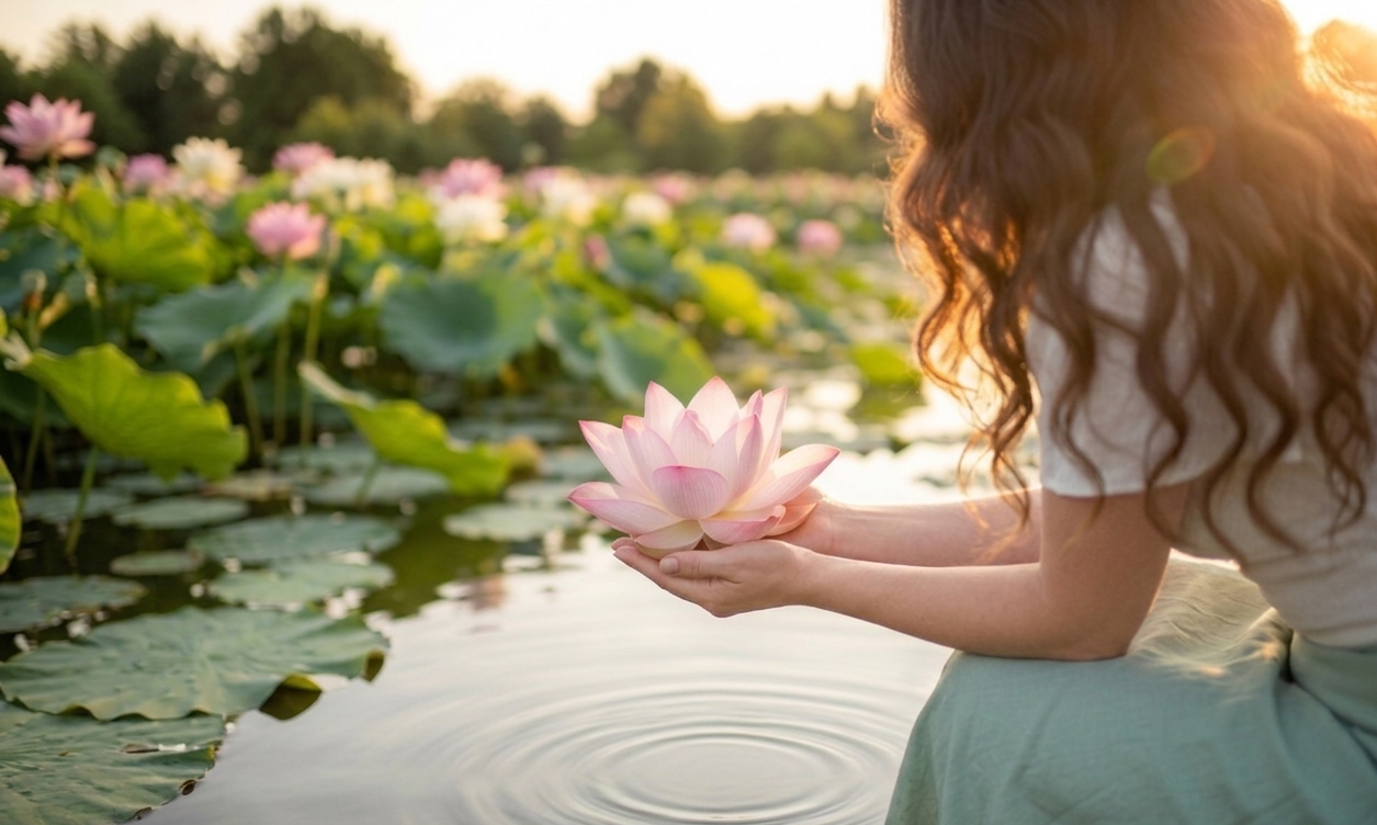 Mujer sosteniendo una flor de loto sobre un lago al atardecer